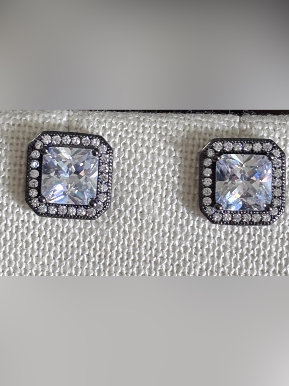 Square CZ Halo Stud Earrings Black Rhodium Tone Brass